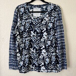 Cino Womens Top XL Navy Blue Floral Boho Batik Long Sleeve Tee Shirt Round Neck